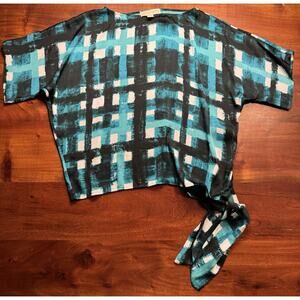 Michael Kors Womens Blue Check Boxy Flowy Waist Tie Blouse Sz XS